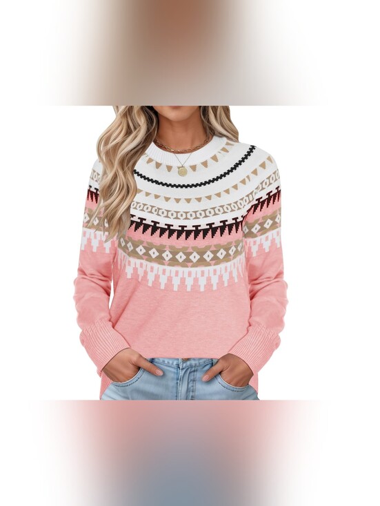 Sweaters - Women's Pink Fair Isle Crewneck Sweater